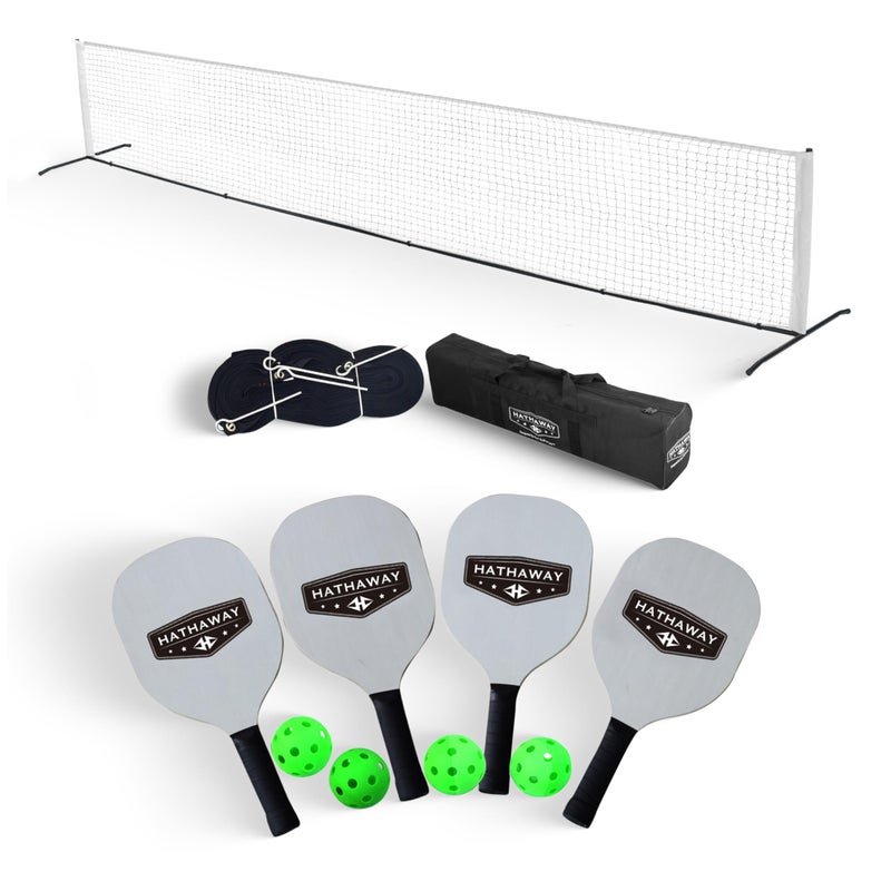 Hathaway Deluxe Pickleball Set with Net - Laminated Wood Pickleball Paddles Set of 4, Black Boundary Line, 4 Pickleball Balls, Carrying Bag, & Portable Pickleball Net for Driveway, Court, & More - Image 1